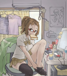 Rule 34 | 00s, 1girl, air conditioner, ayanami rei, bai linqin, black thighhighs, bottle, brown eyes, brown hair, chair, chopsticks, drawing tablet, dressing, drink, egg, evangelion: 2.0 you can (not) advance, feet on chair, food, food in mouth, glasses, keyboard (computer), leg up, looking at viewer, monitor, mouse (computer), mouth hold, neon genesis evangelion, office chair, original, panties, pantyshot, ponytail, poster (object), rebuild of evangelion, red-framed eyewear, room, sandwich, sitting, skirt, solo, striped clothes, striped panties, stylus, swivel chair, thighhighs, thighhighs pull, underwear, upskirt, water bottle