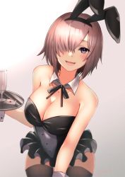Rule 34 | 1girl, :d, alternate costume, animal ears, bad id, bad pixiv id, bent over, black hairband, black leotard, black ribbon, black thighhighs, blush, breasts, card, cleavage, collarbone, detached collar, fake animal ears, fate/grand order, fate (series), glass, grey background, hair over one eye, hairband, highres, holding, holding plate, large breasts, leotard, looking at viewer, mash kyrielight, neck ribbon, onigirisss, open mouth, pink hair, plate, purple eyes, rabbit ears, ribbon, short hair, smile, solo, strapless, strapless leotard, thighhighs, wing collar
