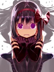 10s 1girl @_@ akemi_homura akuma_homura argyle_clothes argyle_thighhighs bare_shoulders black_dress black_gloves black_hair bow dress elbow_gloves female_focus gloves hair_bow highres kaname_madoka long_hair looking_at_viewer mahou_shoujo_madoka_magica mahou_shoujo_madoka_magica:_hangyaku_no_monogatari poa purple_eyes ribbon shadow simple_background solo spoilers sweat tears thighhighs ultimate_madoka wavy_mouth