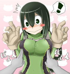 Rule 34 | !, 10s, 1girl, absurdres, asui tsuyu, black hair, blush, blush stickers, boku no hero academia, breast poke, breasts, eyelashes, female focus, gloves, green eyes, hair between eyes, highres, jumpsuit, large breasts, long hair, poking, solo focus, speech bubble, spoken exclamation point, ^^^