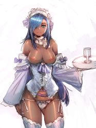 Rule 34 | bare shoulders, blue eyes, blue hair, bow, bow (bhp), breasts, cleavage, closed mouth, dark-skinned female, dark skin, detached sleeves, dress, hair bow, hair over one eye, holding, holding tray, large breasts, light areolae, long hair, long sleeves, looking at viewer, maid, maid headdress, navel, nipples, one eye closed, original, panties, smile, standing, thighhighs, tray, underwear, white background, white panties