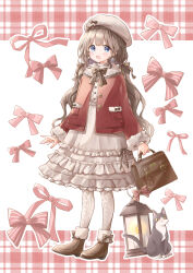 Rule 34 | 1girl, bag, beret, blue eyes, bow, brown bow, brown footwear, brown hair, cat, earrings, full body, hat, hat bow, highres, holding, holding bag, hoshiibara mato, jacket, jewelry, lantern, long sleeves, original, pink bow, red jacket, solo, standing, white hat