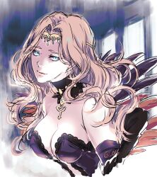 Rule 34 | 1girl, bare shoulders, blue eyes, breasts, brown hair, center opening, cleavage, cornelia arnim, fire emblem, fire emblem: three houses, highres, jewelry, key, key necklace, long hair, looking at viewer, necklace, nintendo, parted bangs, solo, umi ( oneinchswing), upper body
