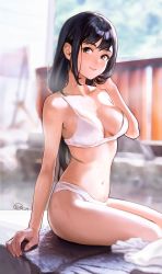 Rule 34 | 1girl, absurdres, arm support, bare arms, bare shoulders, bikini, black hair, breasts, etm (ahong), grey eyes, hand up, highres, long hair, looking at viewer, medium breasts, navel, original, sitting, smile, solo, stomach, swimsuit, thighs, white bikini