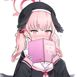 Rule 34 | 1girl, black hat, black shirt, black wings, blue archive, blush, book, caffeinechara, covering own mouth, halo, hat, head wings, highres, holding, holding book, koharu (blue archive), long hair, neckerchief, nose blush, open book, pink eyes, pink hair, pink neckerchief, red halo, shirt, simple background, sleeves past wrists, solo, upper body, white background, wings