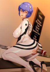 Rule 34 | 1girl, aged up, anal, anal object insertion, ayanami rei, blue hair, blush, breasts, cafe, censored, chalkboard, covered erect nipples, embarrassed, faucet, high heels, indoors, interface headset, kneeling, large breasts, lips, looking back, menu board, mosaic censoring, neon genesis evangelion, object insertion, plugsuit, pussy, red eyes, shiory, short hair, skin tight, solo