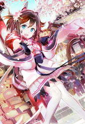 Rule 34 | 119, 1girl, animal ears, blue eyes, blush, brown hair, brush, cherry blossoms, detached sleeves, fingerless gloves, gloves, hair ornament, highres, horse ears, horse girl, horse tail, looking at viewer, open mouth, petals, revision, sakura chiyono o (umamusume), shrine, solo, tail, thighhighs, tree, umamusume, white thighhighs
