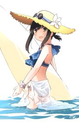 Rule 34 | 1girl, absurdres, bare shoulders, bikini, brown hair, commentary request, cowboy shot, eyewear on head, flower, fubuki (kancolle), green eyes, hat, hat flower, highres, kantai collection, looking at viewer, low ponytail, ma rukan, open mouth, ripples, sarong, short hair, smile, solo, straw hat, sunglasses, surfboard, swimsuit, water