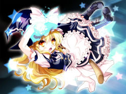 Rule 34 | 1girl, apron, arm up, black background, blonde hair, boots, broom, buttons, cross-laced footwear, female focus, flying, frills, hat, kirisame marisa, komiru, light trail, long hair, looking at viewer, mini-hakkero, open mouth, petticoat, sitting, skirt, solo, star (symbol), touhou, vest, waist apron, witch hat, yellow eyes
