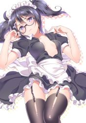 Rule 34 | 1girl, apron, bad id, bad pixiv id, black hair, blush, breasts, frown, garter straps, glasses, lying, maid, maid apron, maid headdress, on back, open clothes, open shirt, pop&#039;n music, purple eyes, root@chou dou-ken, shiny clothes, shirt, short twintails, shouni (sato3), small breasts, solo, thighhighs, twintails