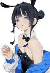 Rule 34 | 1girl, absurdres, animal ears, backless leotard, black bow, black bowtie, black hair, black leotard, blunt bangs, blush, bow, bowtie, breasts, collar, detached collar, double bun, earrings, fake animal ears, hair bun, highres, isshiki seiran, jacket, jewelry, leotard, looking at viewer, mashiro kta, off shoulder, open clothes, open jacket, original, parted lips, playboy bunny, rabbit, rabbit earrings, rabbit ears, short hair with long locks, simple background, single hair bun, small breasts, solo, strapless, strapless leotard, sweat, upper body, white background, white collar, wing collar