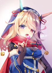 Rule 34 | 1girl, bad id, bad pixiv id, bell, blonde hair, blue eyes, blue shirt, blue sleeves, blush, brown gloves, candy, commentary request, copyright request, detached sleeves, elbow gloves, fingerless gloves, fingernails, food, gloves, headgear, heart, heart-shaped pupils, heterochromia, highres, holding, holding candy, holding food, holding lollipop, jingle bell, lollipop, long hair, long sleeves, mvv, open mouth, red eyes, red scarf, saliva, scarf, shirt, signature, sleeveless, sleeveless shirt, solo, symbol-shaped pupils, tongue, tongue out, wide sleeves