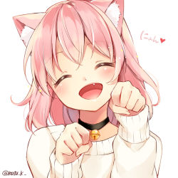 Rule 34 | 1girl, animal ears, bell, neck bell, blush, cat ears, collar, closed eyes, fang, hazuki natsu, open mouth, original, paw pose, pink hair, simple background, solo, sweater, white background