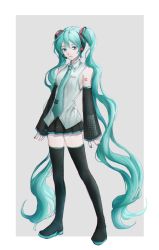 Rule 34 | 1girl, absurdres, aqua hair, black footwear, black skirt, black sleeves, blouse, blue eyes, blue nails, boots, border, closed mouth, collared shirt, detached sleeves, full body, hair ornament, hatsune miku, headphones, headset, highres, long hair, long sleeves, looking at viewer, microphone, miniskirt, nail polish, number tattoo, pleated skirt, shirt, shoulder tattoo, skirt, sleeveless, sleeveless shirt, solo, tattoo, thigh boots, thighhighs, twintails, very long hair, vocaloid, white border, white shirt, wing collar, yuuei phin, zettai ryouiki