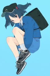 Rule 34 | 1girl, adapted costume, ankle socks, backpack, bag, baseball cap, blue background, blue eyes, blue hair, blue shirt, blue shorts, contemporary, full body, green hat, grey footwear, hair bobbles, hair ornament, hat, highres, hugging own legs, kawashiro nitori, knees up, long sleeves, looking at viewer, medium hair, new balance, shiratama (hockey), shirt, shoes, shorts, simple background, sneakers, socks, solo, touhou, two side up, white socks