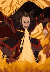 Rule 34 | 1boy, angry, armor, avatar legends, beard, black hair, commentary, english commentary, facial hair, fire, full body, highres, iroh, male focus, open mouth, pacha rm, sideburns, solo, teeth, uniform