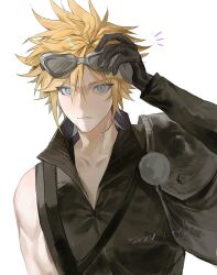 Rule 34 | 1boy, adjusting eyewear, armor, asymmetrical sleeves, black vest, blonde hair, blue eyes, cloud strife, commentary, dated, expressionless, final fantasy, final fantasy vii, final fantasy vii advent children, goggles, goggles on head, hand up, high collar, highres, looking at viewer, male focus, notice lines, pauldrons, short hair, shoulder armor, shoulder strap, simple background, single pauldron, solo, spiked hair, upper body, vest, westttt120, white background