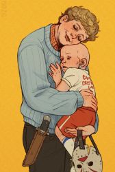 Rule 34 | 1boy, 1girl, age difference, carrying, child, comforting, friday the 13th, highres, hockey mask, hug, jason voorhees, mask, mother and son, old, old woman, pamela voorhees, smile, yellow background
