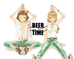 Rule 34 | 2girls, arm support, beer can, belt, brown eyes, brown hair, can, closed mouth, collarbone, commentary request, denim, drink can, earrings, english text, hand up, hands up, highres, holding, holding can, ise-san to shima-san, ise kanae, jeans, jewelry, licking lips, light brown hair, long hair, looking at viewer, multiple girls, object on head, official art, one eye closed, pants, parted lips, shadow, shima mamori, shirt, short hair, short sleeves, simple background, sitting, smile, spread legs, tank top, teeth, tokuwotsumu, tongue, tongue out, watch, white background, white shirt, white tank top, wristwatch