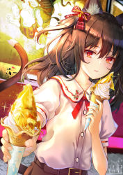 Rule 34 | 1girl, absurdres, animal ears, bad id, bad pixiv id, belt, black hair, cat ears, cat girl, cat tail, food, hair ribbon, highres, holding, holding food, ice cream, ice cream cone, original, red eyes, ribbon, shirt, slit pupils, solo, sxbzero, tail, wing collar