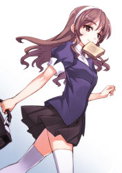 Rule 34 | 10s, 1girl, aged down, ashigara (kancolle), bad id, bad pixiv id, bag, blush, bread slice, briefcase, brown eyes, brown hair, food, food in mouth, hairband, kantai collection, late for school, long hair, matsuryuu, mouth hold, personification, school bag, school briefcase, school uniform, short sleeves, skirt, smile, solo, thighhighs, toast, toast in mouth, white thighhighs, zettai ryouiki
