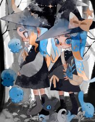 Rule 34 | 2girls, black cat, black hat, blue eyes, blue hair, bow, brown hair, cat, colored tips, commentary request, forest, hat, hat bow, highres, li04r, long hair, multicolored hair, multiple girls, nature, nintendo, octoling, octoling girl, octoling player character, sparkle, splatoon (series), standing, star (symbol), tentacle hair, two-tone hair, witch hat