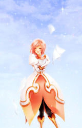 Rule 34 | 00s, 1girl, ^ ^, blue background, blush, boots, closed eyes, day, dress, estellise sidos heurassein, closed eyes, gloves, happy, highres, knee boots, pants, paper, pink hair, royal 7, short hair, sky, smile, solo, sparkle, tales of (series), tales of vesperia, white gloves