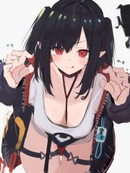 Rule 34 | 1girl, arknights, asususususu, black hair, breasts, breasts apart, cleavage, closure (arknights), collar, downblouse, extended downblouse, hair between eyes, hanging breasts, highres, jacket, licking lips, long hair, looking at viewer, name tag, navel, pointy ears, red eyes, shirt, sidelocks, simple background, solo, thigh strap, tongue, tongue out, white shirt, zipper