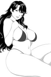 Rule 34 | 1girl, bikini, breasts, commentary request, curvy, greyscale, large breasts, long hair, looking at viewer, matoyama, monochrome, navel, original, parted bangs, parted lips, sitting, solo, string bikini, swimsuit, thighs, white background