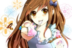 Rule 34 | 1girl, axis powers hetalia, bad id, bad pixiv id, bow, brown eyes, brown hair, colored eyelashes, curly hair, eyelashes, feeding, food, foreshortening, gori, hair bow, ice cream, incoming food, jewelry, long hair, looking at viewer, mouth hold, multicolored eyes, nail polish, pink nails, pov, pov feeding, ring, smile, solo, spoon, taiwan (hetalia), upper body, yellow eyes