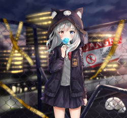 Rule 34 | 1girl, animal, animal ear fluff, animal ears, animal hood, belt, belt buckle, black jacket, black skirt, blue eyes, blue flower, blue rose, blurry, blurry background, blush, bow, brown belt, buckle, building, cat, cat ears, caution tape, chain-link fence, cloud, cloudy sky, collared shirt, commentary request, covered mouth, cowboy shot, depth of field, facial mark, fence, fingernails, flower, flower over mouth, hair between eyes, heterochromia, highres, holding, holding flower, hood, hood up, hooded jacket, jacket, keep out, lisu, long hair, long sleeves, nail polish, night, night sky, open clothes, open jacket, original, outdoors, pink nails, pleated skirt, red bow, red eyes, rose, shirt, sign, silver hair, skirt, sky, skyscraper, solo, sweater vest, white cat, white shirt, wind