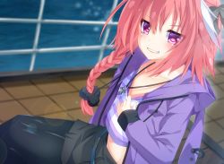 Rule 34 | 1boy, astolfo (fate), astolfo (memories at trifas) (fate), blush, braid, casual, fang, fate/apocrypha, fate/grand order, fate (series), hair ribbon, highres, long hair, looking at viewer, male focus, midriff, official alternate costume, pink hair, purple eyes, ribbon, single braid, smile, solo, tank top, trap, tuki28, type-moon