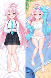 Rule 34 | absurdres, arm on own head, arm up, armpits, bare legs, bare shoulders, barefoot, beach, bikini, bikini skirt, black skirt, blue archive, blue eyes, blue jacket, blue necktie, blush, breasts, clothes pull, collared shirt, dakimakura (medium), eyewear on head, fang, frilled bikini, frills, full body, hair between eyes, hair bobbles, hair ornament, half-closed eyes, halo, hand on own stomach, hand up, heterochromia, highres, hip focus, hoshino (blue archive), hoshino (swimsuit) (blue archive), id card, inflatable toy, inflatable whale, jacket, jacket pull, knee up, knees together feet apart, legs, long hair, long sleeves, looking at viewer, lying, medium skirt, mistraia, navel, necktie, off shoulder, on back, on bed, on ground, open clothes, open jacket, orange eyes, petite, pink hair, plaid, plaid skirt, shell, shirt, skirt, small breasts, smile, sunglasses, swimsuit, thighs, twintails, very long hair, white bikini, white shirt
