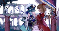 Rule 34 | 2girls, alternate costume, arm up, bad id, bad pixiv id, blonde hair, blood, blood stain, blue hair, blue ribbon, bow, broken, closed mouth, corded phone, covered mouth, covering own mouth, creature, creature on head, crystal, eye contact, eyeball, eyelashes, flandre scarlet, flat chest, from side, green hat, green skirt, hair bow, hand over own mouth, hands up, hat, hat ribbon, heart, heart of string, highres, holding, holding phone, holding umbrella, japanese clothes, karaori, komeiji koishi, light brown hair, long sleeves, looking at another, multiple girls, obi, one side up, over shoulder, overgrown, parasol, phone, pillar, pink bow, plant, profile, red bow, red eyes, ribbon, ruins, sash, short hair, skirt, statue, third eye, touhou, umbrella, upper body, vines, wide sleeves, wings