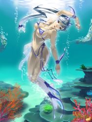 Rule 34 | 1girl, ankle cuffs, anklet, aoyama hitsuji, barefoot, bikini, blue hair, bracelet, coral, cuffs, fins, fish, freediving, glowing, jewelry, long hair, mugen no fantasia, nature, non-web source, ocean, rock, solo, swimming, swimsuit, underwater, water