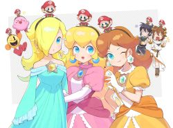 Rule 34 | 3girls, 6+boys, bare shoulders, blonde hair, blue eyes, blush, breasts, crown, dark pit, double v, dress, earrings, facial hair, gloves, hair over one eye, hat, highres, jewelry, kid icarus, kid icarus uprising, kirby, kirby (series), long hair, looking at viewer, mario, mario (series), medium breasts, multiple boys, multiple girls, mustache, nintendo, open mouth, pac-man, pac-man (game), pit (kid icarus), princess daisy, princess peach, riomario, rosalina, smile, sphere earrings, star (symbol), star earrings, super mario galaxy, super mario land, super smash bros., v, video game