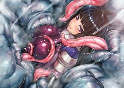 Rule 34 | 1girl, black hair, blush, bodysuit, breast sucking, breast sucking through clothes, breasts, covered erect nipples, habit, impossible bodysuit, impossible clothes, kamori sayaka, large breasts, latex, long hair, looking at viewer, original, purple bodysuit, purple eyes, rindou (radical dream), shiny clothes, skin tight, solo, tentacle pit, tentacles, tongue
