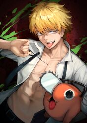 Rule 34 | 1boy, :p, abs, absurdres, black necktie, blonde hair, chainsaw, chainsaw man, collared shirt, denji (chainsaw man), hakusyokuto, handle, highres, looking at viewer, male focus, navel, necktie, pochita (chainsaw man), pull cord, ringed eyes, sharp teeth, shirt, short hair, sleeves rolled up, smile, stylized blood, teeth, tongue, tongue out, white shirt, yellow eyes