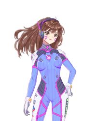 Rule 34 | &gt;:3, 1girl, :3, ahoge, animal print, arm at side, bodysuit, bracer, breasts, brown hair, clothes writing, cowboy shot, d.va (overwatch), facepaint, facial mark, facing viewer, hand on own hip, headphones, high collar, light smile, long hair, looking afar, medium breasts, overwatch, overwatch 1, pilot suit, pink lips, rabbit print, ribbed bodysuit, shoulder pads, simple background, sketch, skin tight, snana, solo, swept bangs, v-shaped eyebrows, whisker markings, white background