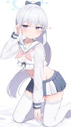 Rule 34 | 1girl, blue archive, blue halo, blue skirt, blush, bra, breasts, halo, highres, long hair, long sleeves, looking at viewer, miyako (blue archive), purple eyes, sailor collar, simple background, skirt, small breasts, solo, takeroku, thighhighs, two-tone skirt, underwear, white background, white bra, white hair, white sailor collar, white skirt, white thighhighs