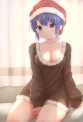 Rule 34 | 1girl, black shirt, blue eyes, blue hair, blush, breasts, cleavage, closed mouth, collarbone, commentary request, doremy sweet, hair between eyes, hat, large breasts, looking at viewer, nightcap, red hat, shirt, short hair, sleeves past wrists, smile, solo, suigetsu (watermoon-910), touhou
