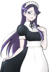 Rule 34 | 10s, 1girl, alternate costume, blue eyes, enmaided, glasses, hair ornament, hairclip, heartcatch precure!, long hair, looking at viewer, maid, maid headdress, precure, purple hair, smile, solo, tsukikage oyama, tsukikage yuri, white background