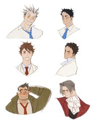 Rule 34 | 6+boys, ace attorney, akaashi keiji, arm behind head, ascot, black eyes, black hair, blue necktie, bokuto koutarou, brown eyes, chengongzi123, closed mouth, coat, collared coat, collared shirt, commentary, dick gumshoe, english commentary, facial hair, goatee stubble, green coat, grey hair, grin, haikyuu!!, highres, iwaizumi hajime, long sleeves, looking at another, looking at viewer, male focus, miles edgeworth, multicolored hair, multiple boys, necktie, oikawa tooru (haikyuu!!), portrait, red coat, red necktie, shirt, short hair, simple background, smile, streaked hair, striped necktie, stubble, thick eyebrows, very short hair, white ascot, white background, white shirt, yellow eyes