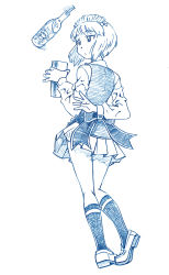 Rule 34 | 10s, 1girl, apron, arm behind back, bbb (friskuser), blue theme, bottle, cocktail shaker, commentary request, cutlass (girls und panzer), from behind, girls und panzer, highres, long sleeves, maid headdress, monochrome, motion lines, pleated skirt, shirt, shoes, short hair, skirt, skull and crossbones, socks, solo, tossing, vest, white background