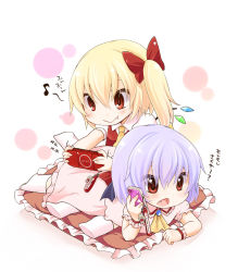Rule 34 | 2girls, bad id, bad pixiv id, bat wings, blonde hair, blush, bow, cellphone, chibi, fang, female focus, flandre scarlet, frilled pillow, frills, hair bow, handheld game console, light purple hair, multiple girls, no headwear, open mouth, phone, pillow, playing games, playstation portable, red eyes, remilia scarlet, short hair, siblings, side ponytail, sisters, smile, socks, touhou, translation request, wings, yukiu con