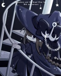 Rule 34 | 1girl, anchor symbol, anniversary, artist name, blue background, blue dress, blue hat, braid, brown hair, chibi, colored skin, crescent, dress, funamusea, gradient background, hat, highres, oounabara to wadanohara, pointy ears, rasarasu, sailor dress, solo, stairs, star (symbol), wadanohara, white skin, witch, witch hat
