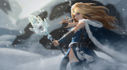 Rule 34 | 1girl, arm up, artist name, blonde hair, blue coat, blue eyes, blue thighhighs, breasts, closed mouth, coat, commentary, crystal maiden, dao trong le, dated, day, dota (series), dota 2, english commentary, forehead jewel, fur trim, highres, holding, lips, long hair, looking at viewer, medium breasts, outdoors, patreon username, pointy ears, signature, snow, snowing, solo, spread fingers, sunlight, thighhighs, watermark, web address