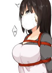 Rule 34 | !?, ..., 1girl, ^^^, arms behind back, bdsm, black hair, blush, bound, bound arms, breasts, cleavage, collarbone, gag, gagged, grey eyes, hoojiro (found1093), improvised gag, large breasts, long hair, looking away, mask, mouth mask, original, raglan sleeves, shibari, shibari over clothes, simple background, solo, straight hair, tape, tape gag, upper body, v-neck, white background