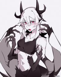 Rule 34 | 1girl, animal ears, artist name, black fur, black horns, black skin, black sports bra, blush, borrowed character, claws, colored skin, dragon girl, dragon horns, extra arms, fangs, fewer digits, fur, hair between eyes, hands up, highres, horns, long hair, looking at viewer, midriff, monster girl, open mouth, original, par0llel, pink eyes, simple background, solo, sports bra, standing, upper body, white background, white hair, white skin, winged arms, wings