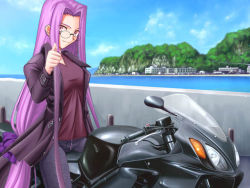 Rule 34 | 00s, 1girl, fate/stay night, fate (series), glasses, long hair, looking at viewer, medusa (fate), medusa (rider) (fate), motor vehicle, motorcycle, pink eyes, pink hair, ponytail, sky, solo, square pupils, third-party edit, vehicle, very long hair